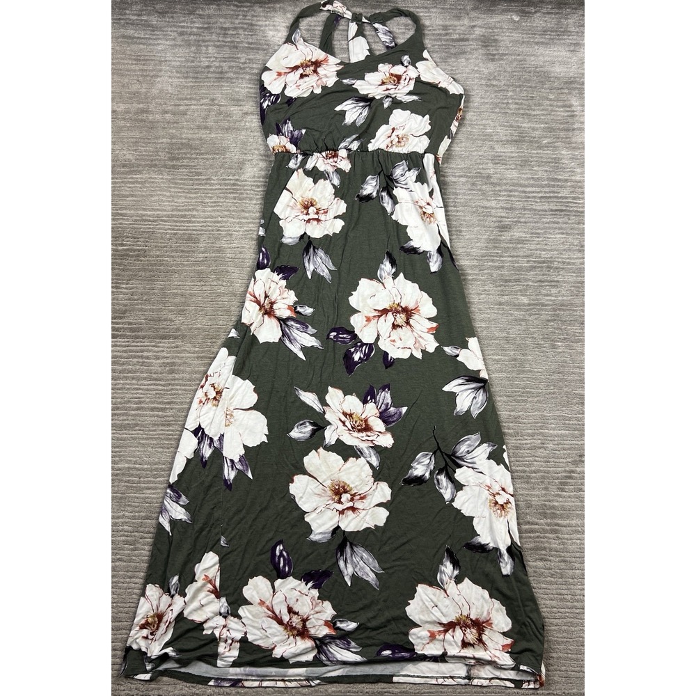 nine britton Olive Floral Halter Maxi Dress with White Blossoms